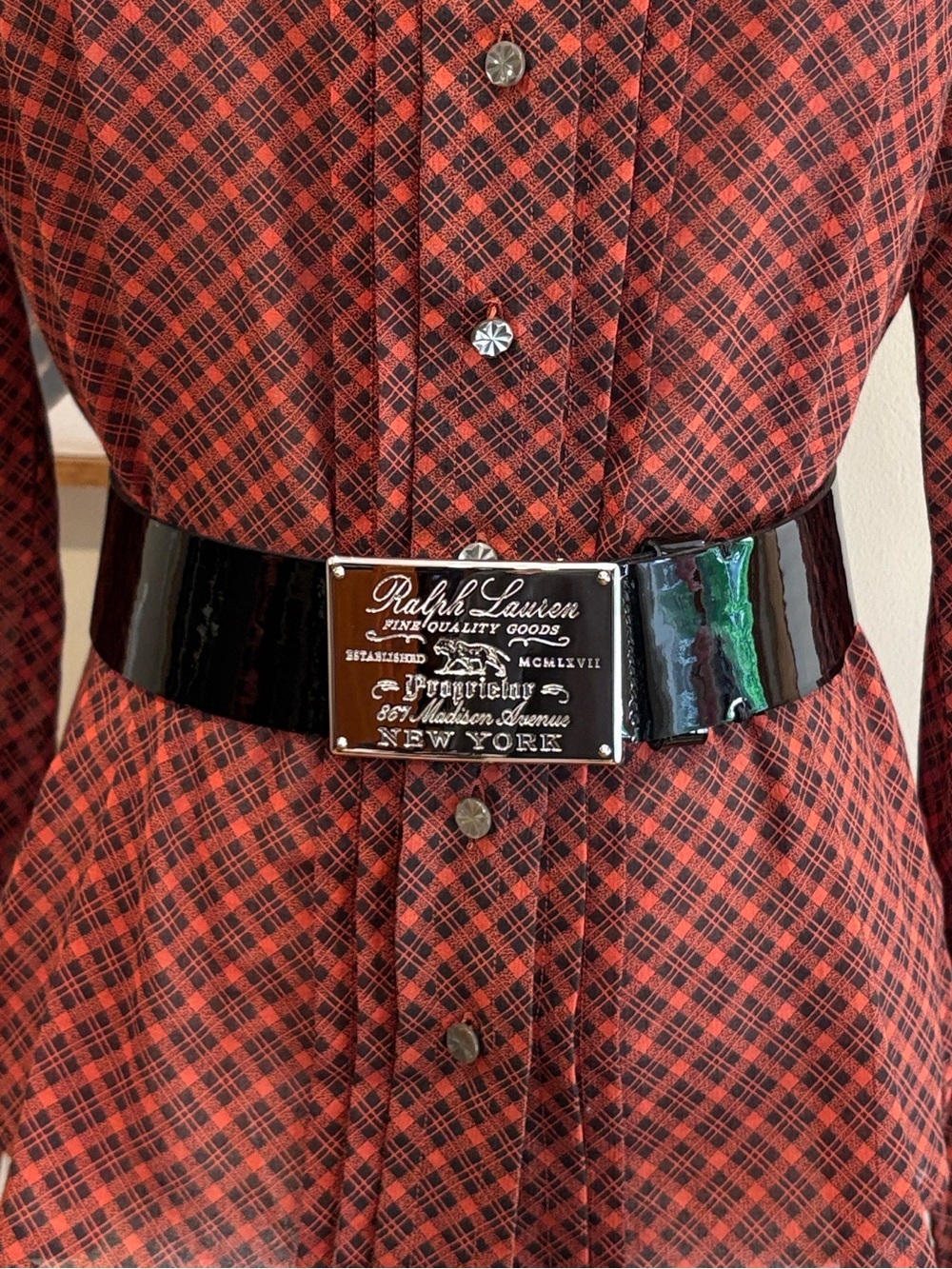 Vintage Ralph Lauren Collection Black Patent Leather Belt Silver Logo Buckle M